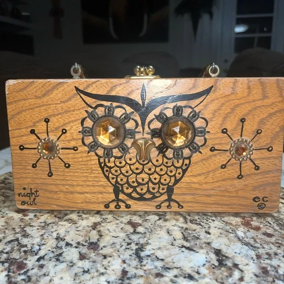 Enid Collin’s • Vintage • 1960’s • Wooden Box Bag • Night Owl • Beaded - Picture 2 of 14